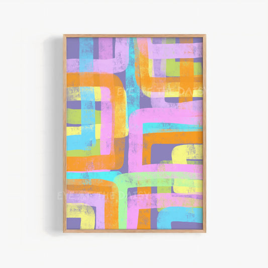 Vibrant abstract printable wall art, colourful contemporary line art digital download for modern apartment