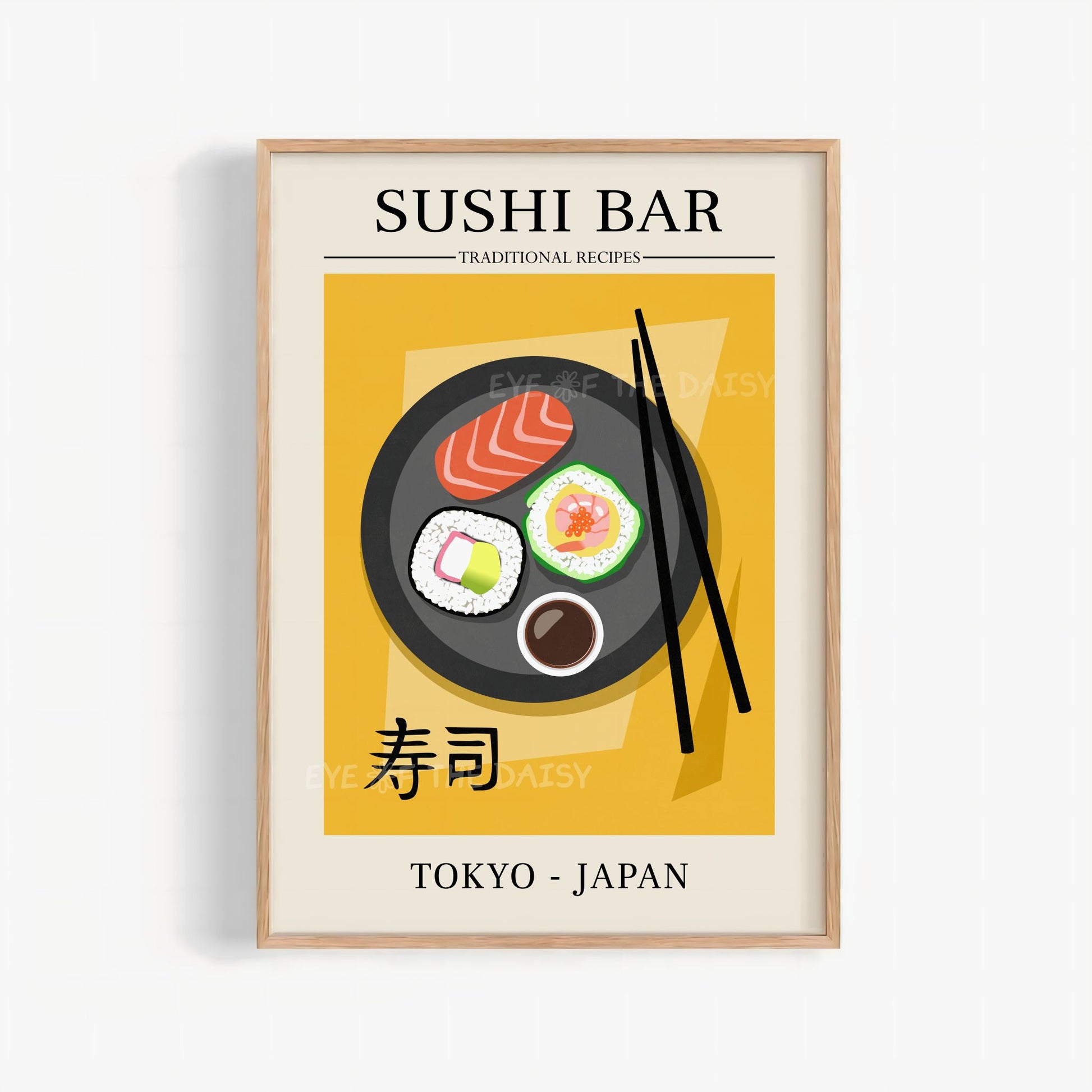 Trendy Sushi Bar exhibition poster with chopsticks, bold and bright Japanese food wall print for colorful modern apartment decor