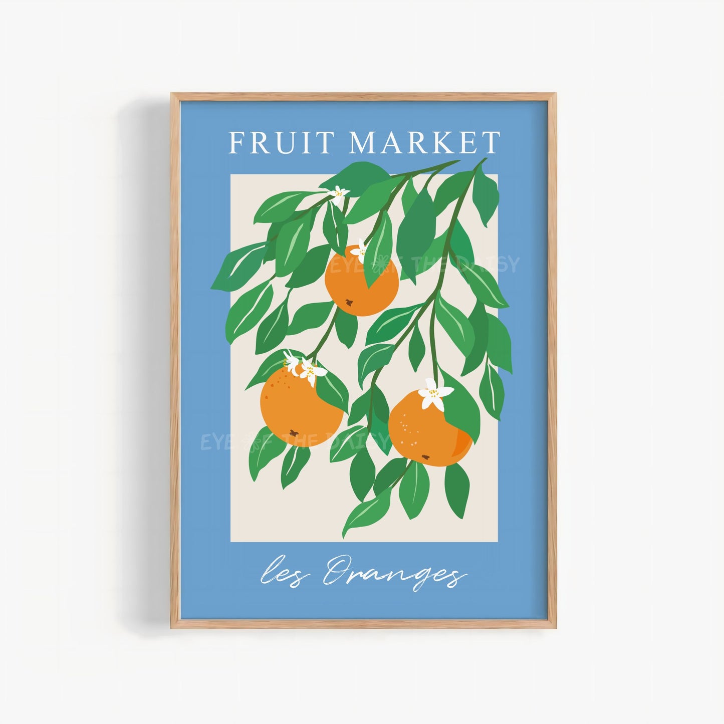 Vibrant orange tree art print with green leaves and royal blue border – Les Oranges "Fruit Market" printable wall art