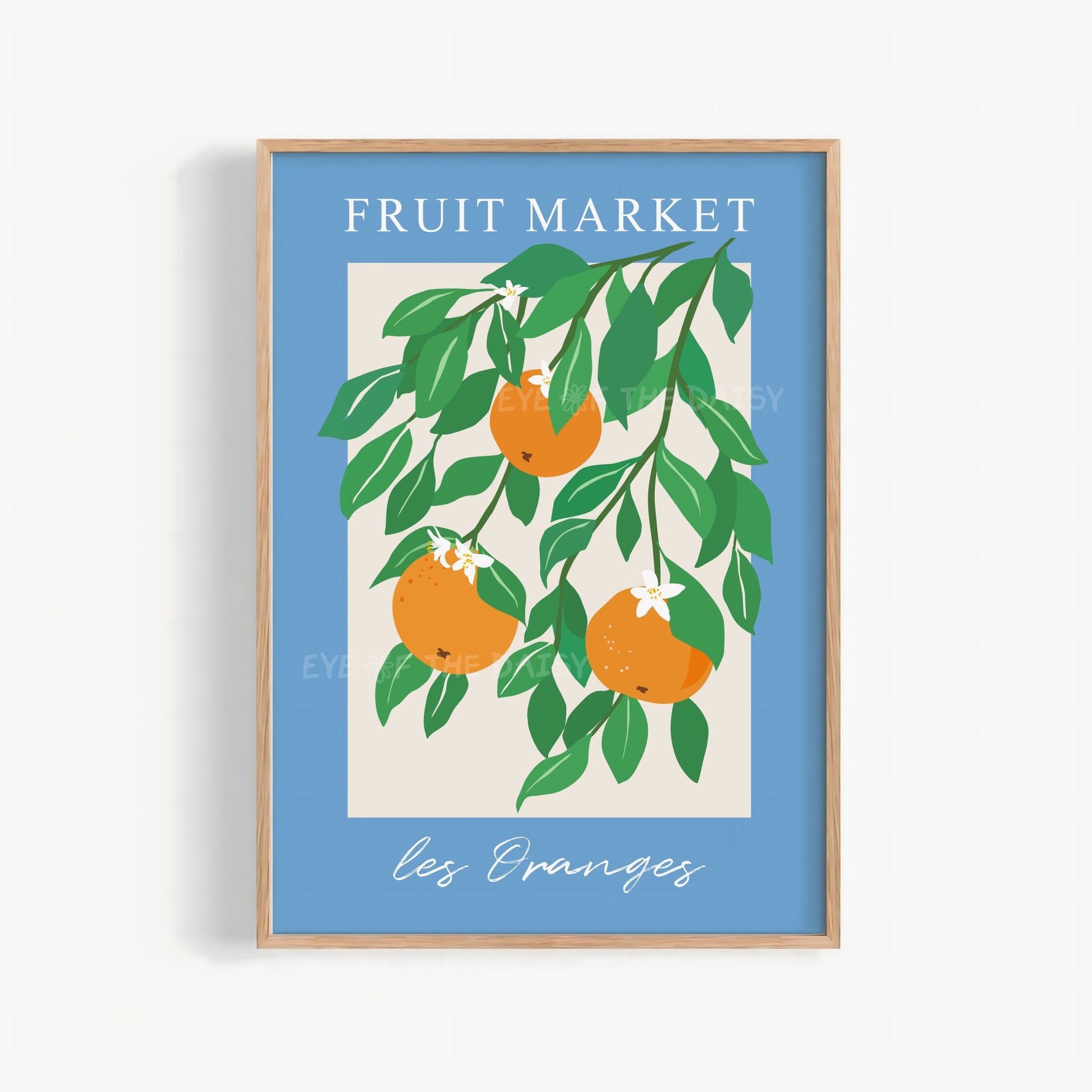 Vibrant orange tree art print with green leaves and royal blue border – Les Oranges "Fruit Market" printable wall art