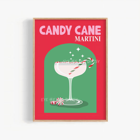 Retro Candy Cane Martini Print Digital Download | Christmas Cocktail Printable Wall Art
