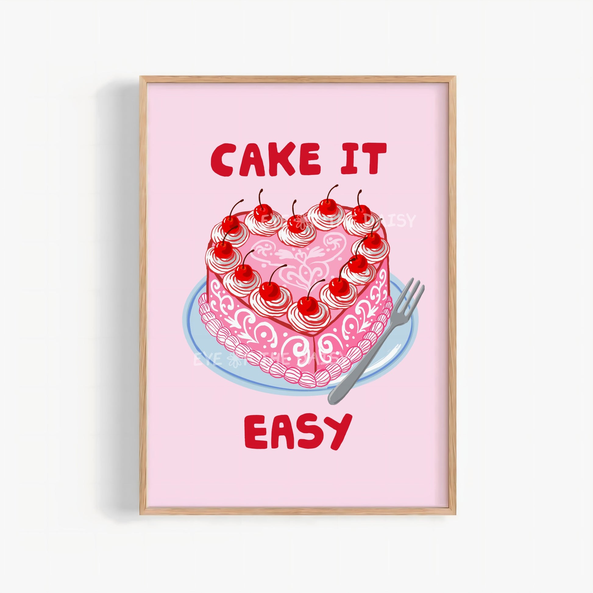 Pink and red retro heart cake print with funny "Cake it Easy" quote, girly printable wall art for cute coquette room decor