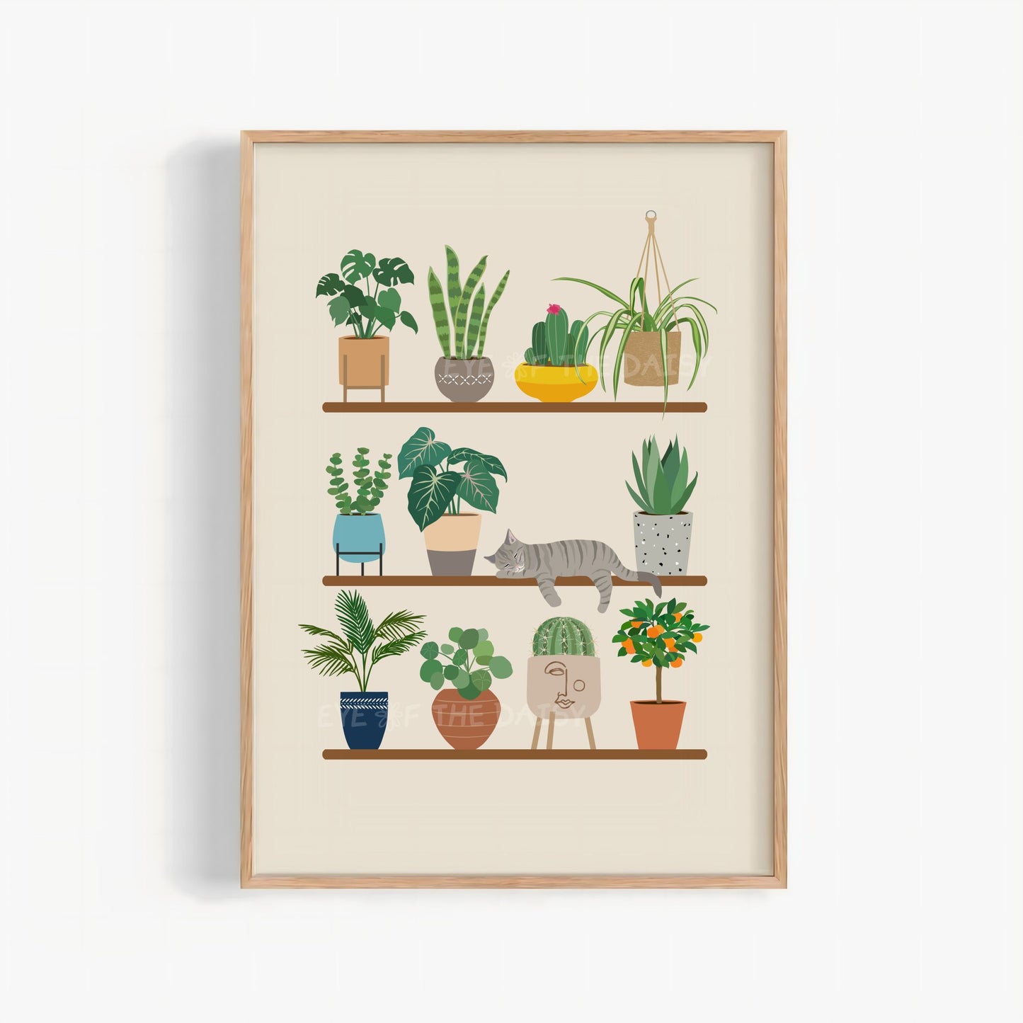 Sleeping tabby cat and houseplants print – whimsical digital download, boho poster printable for cozy wall decor