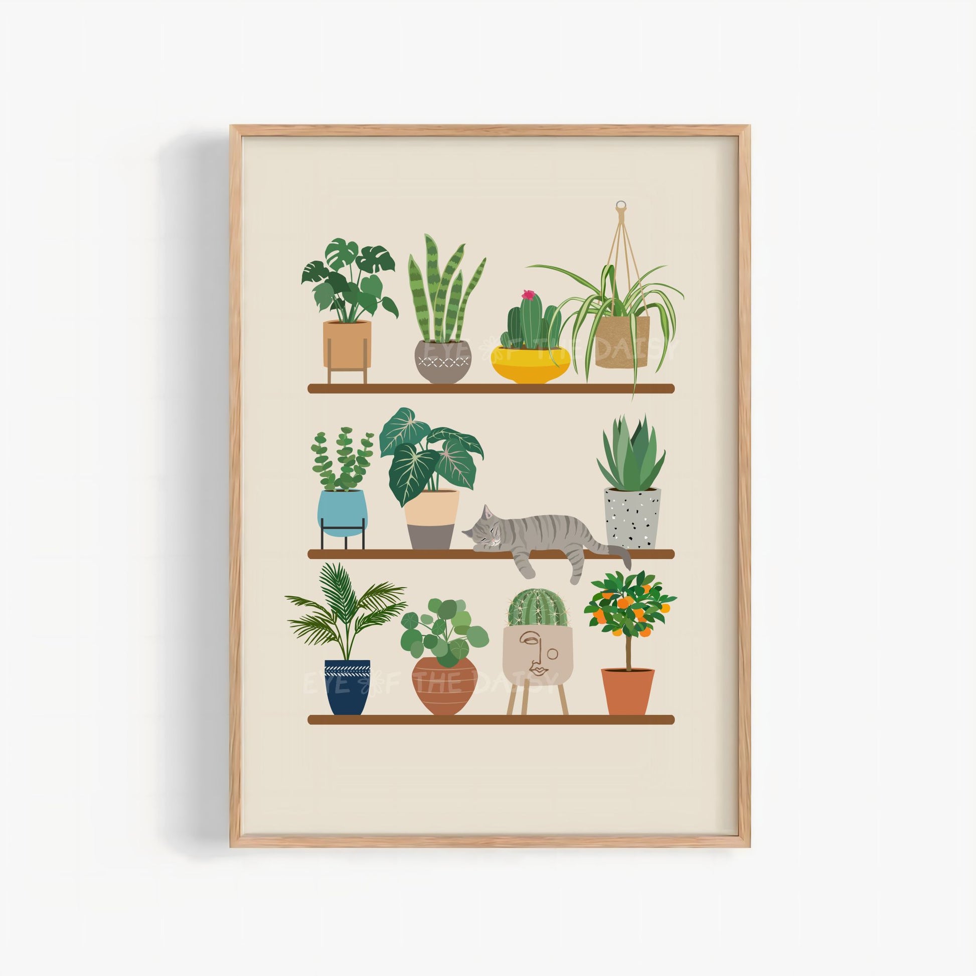 Sleeping tabby cat and houseplants print – whimsical digital download, boho poster printable for cozy wall decor