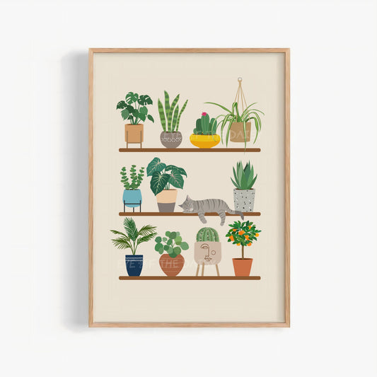 Sleeping tabby cat and houseplants print – whimsical digital download, boho poster printable for cozy wall decor