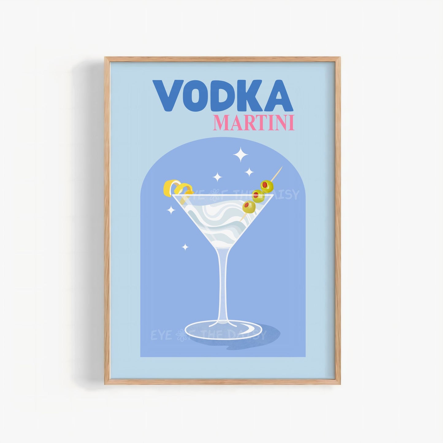 Vodka Martini cocktail print — retro digital download in bold blue, perfect trendy printable wall art for vodka lovers