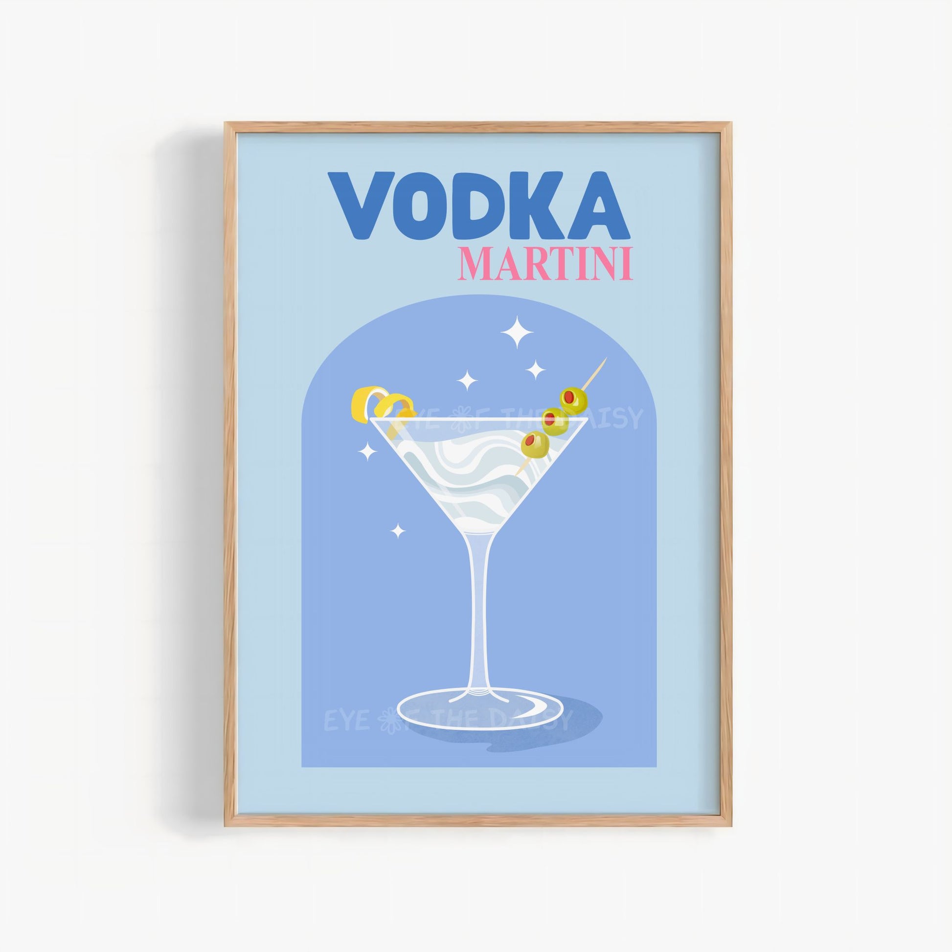 Vodka Martini cocktail print — retro digital download in bold blue, perfect trendy printable wall art for vodka lovers