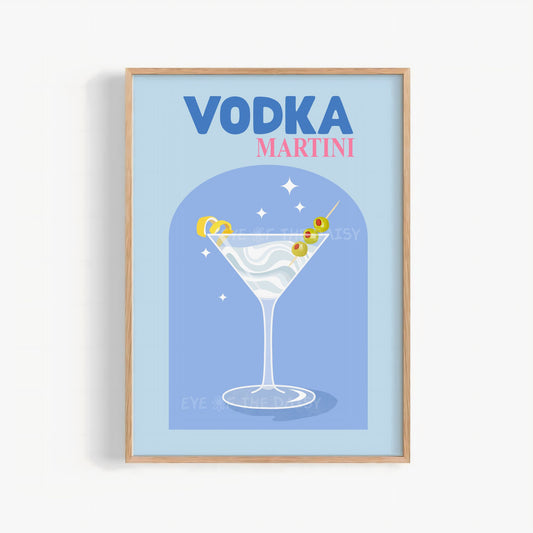 Vodka Martini cocktail print — retro digital download in bold blue, perfect trendy printable wall art for vodka lovers