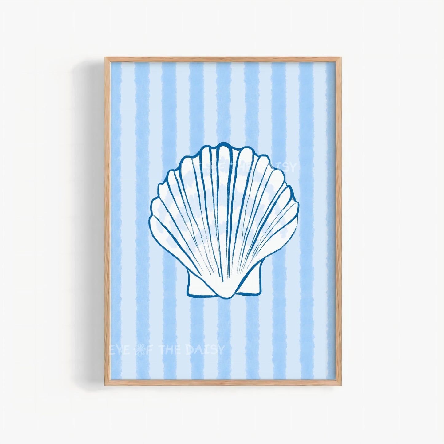 Sea shell printable wall art print of a hand drawn white shell on light blue striped background – coastal coquette decor