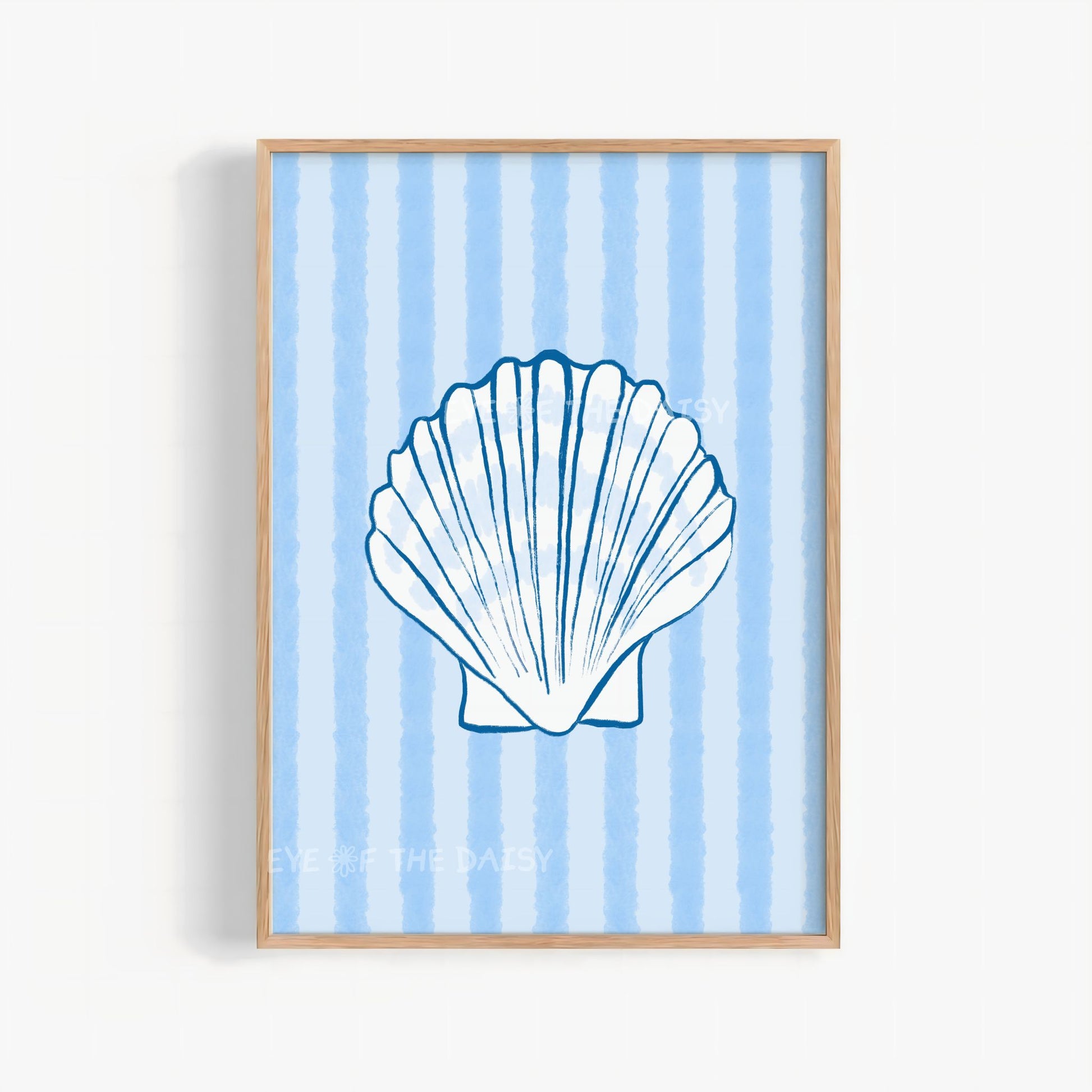 Sea shell printable wall art print of a hand drawn white shell on light blue striped background – coastal coquette decor