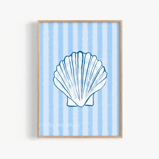 Sea shell printable wall art print of a hand drawn white shell on light blue striped background – coastal coquette decor