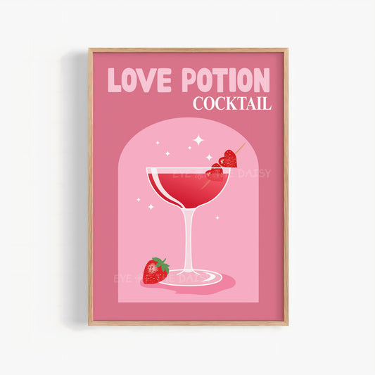 Love Potion cocktail printable wall art in pink and red, cute drink print digital download for Valentine’s Day decor