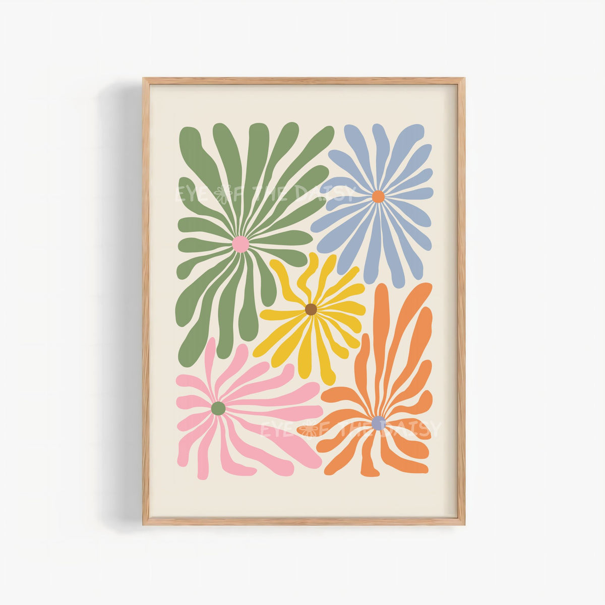 multi coloured retro abstract daisy print digital download, Matisse inspired floral wall art for dorm decor