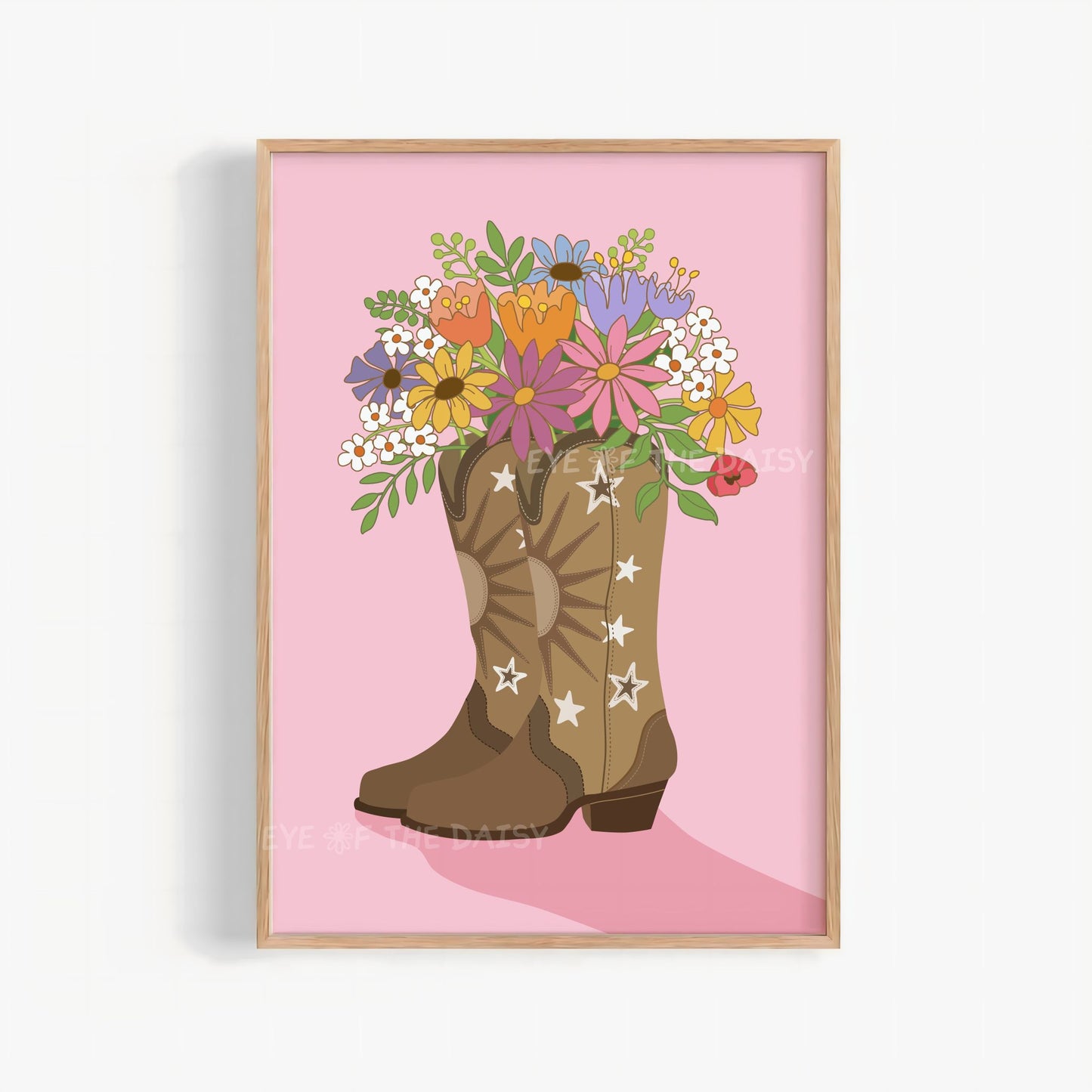 Whimsical pink and tan cowgirl boots with colorful flowers print, boho wall art digital download for girls room or trendy gallery decor