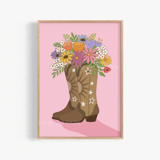 Whimsical pink and tan cowgirl boots with colorful flowers print, boho wall art digital download for girls room or trendy gallery decor
