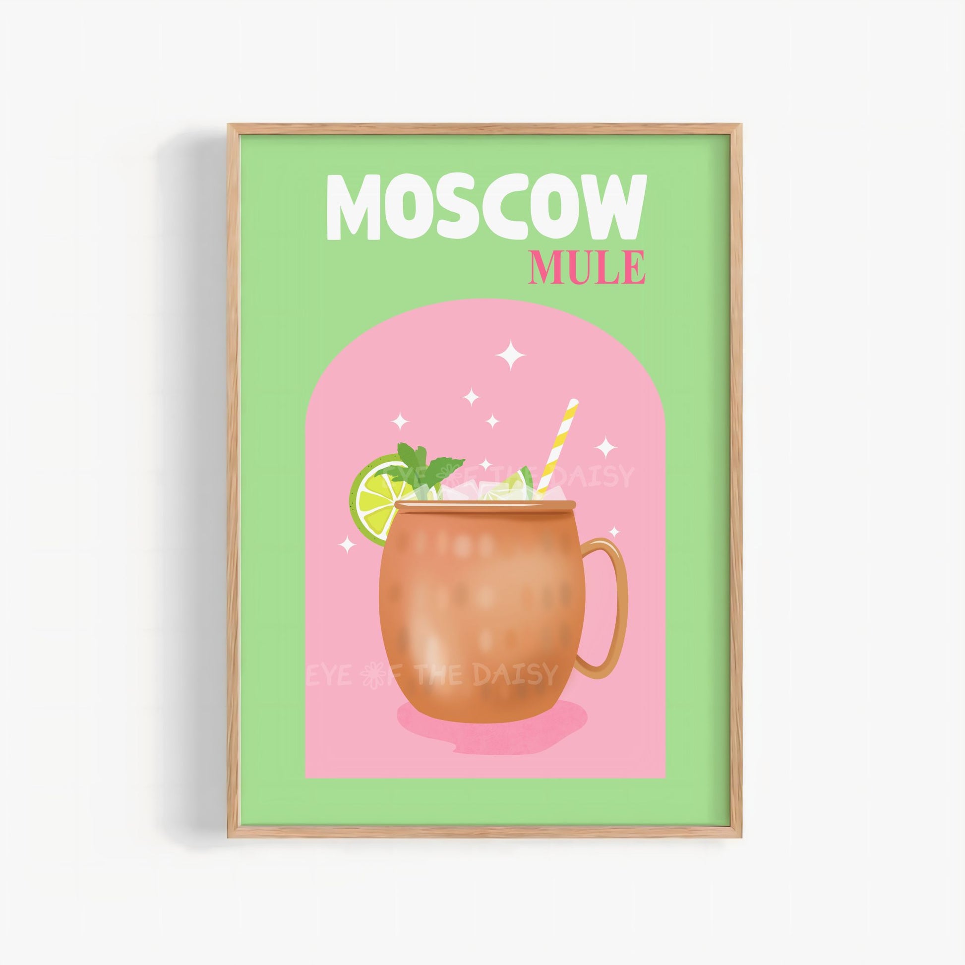 Retro Moscow Mule cocktail printable wall art in green and pink – vibrant drink digital download for DIY wall decor