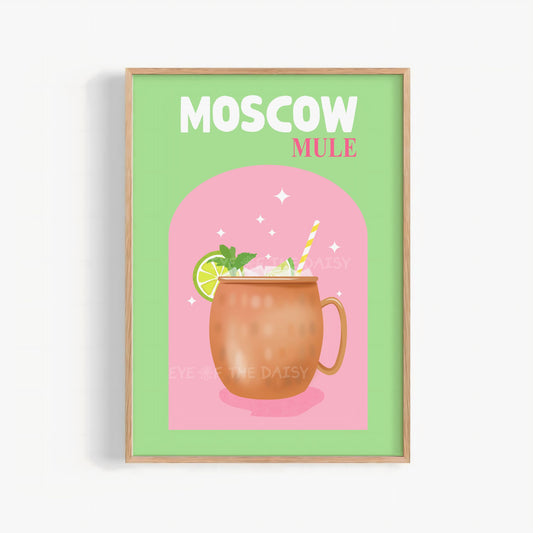 Retro Moscow Mule cocktail printable wall art in green and pink – vibrant drink digital download for DIY wall decor