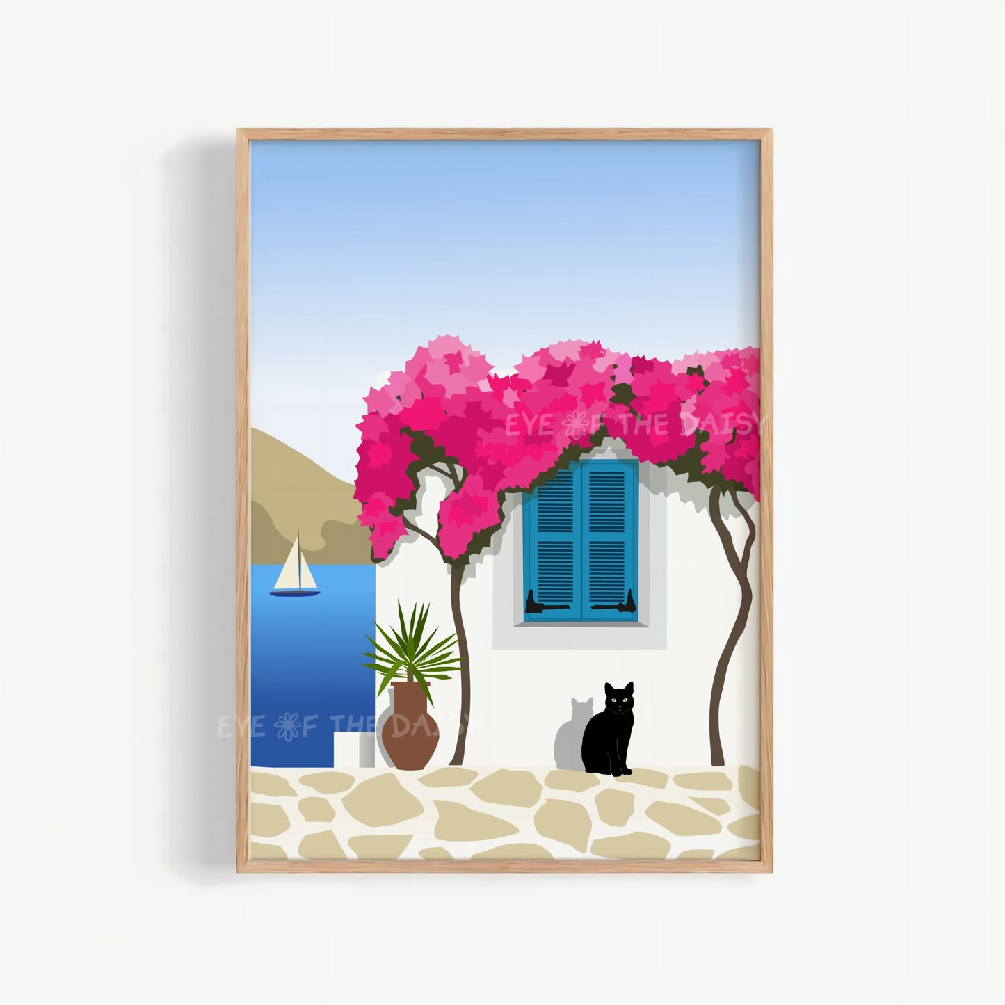 Minimal Greek island illustration print — Paros printable travel poster with Cycladic house, floral and cat, perfect print at home decor