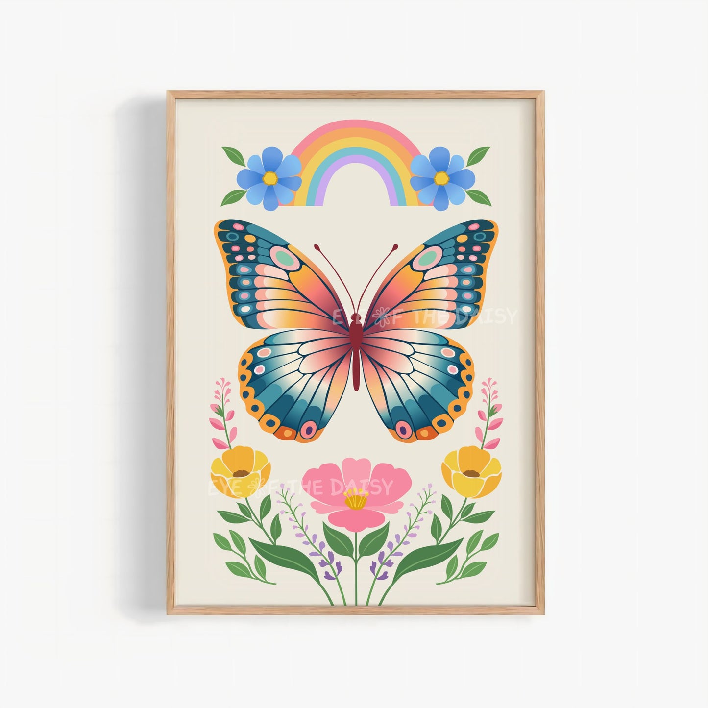 Colorful butterfly flowers printable wall art, rainbow, and floral Norwegian folk art on light beige