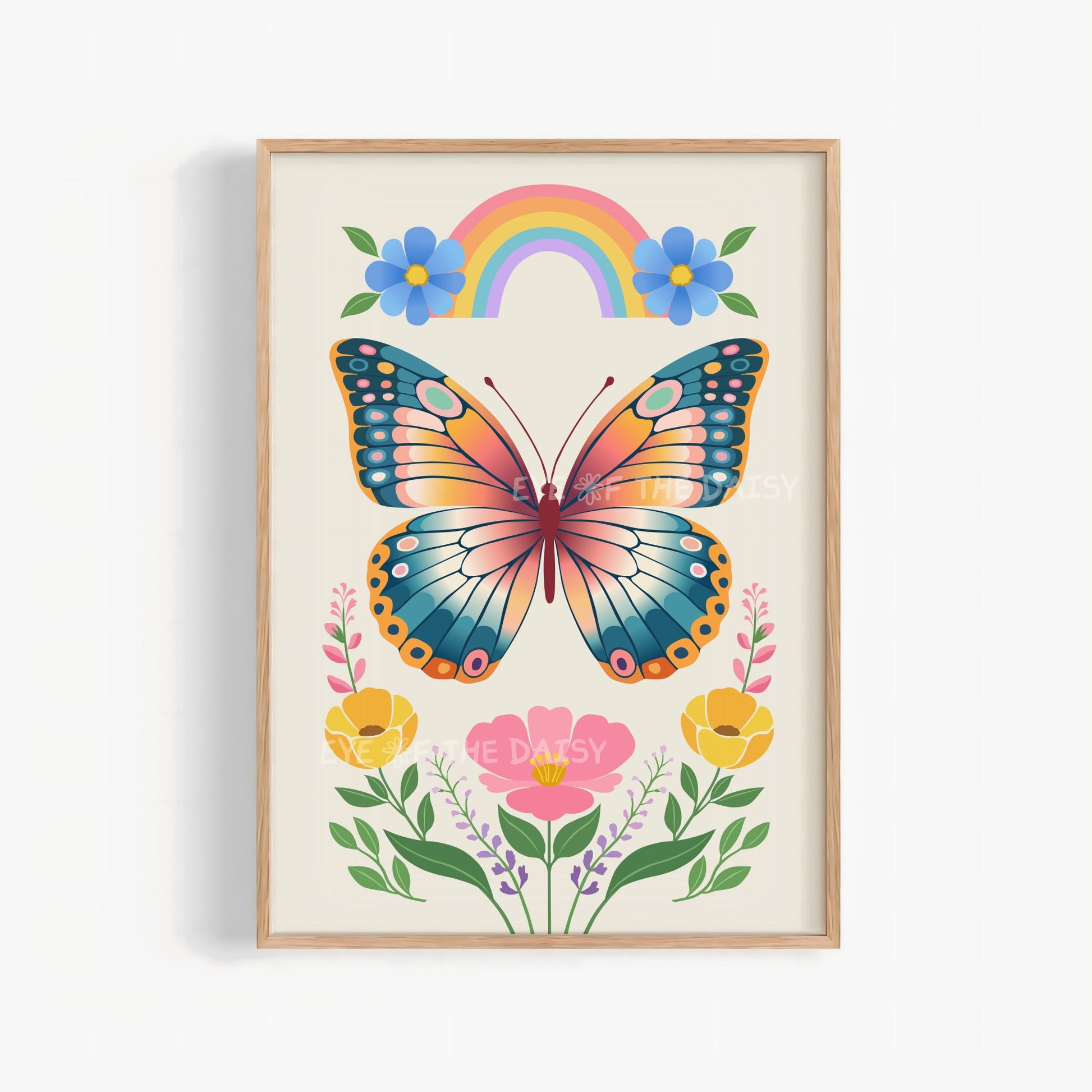 Colorful butterfly flowers printable wall art, rainbow, and floral Norwegian folk art on light beige