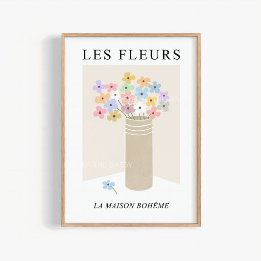 Minimalist pastel floral printable wall art – Les Fleurs print with beige vase, boho chic decor for soft feminine and cozy boho space