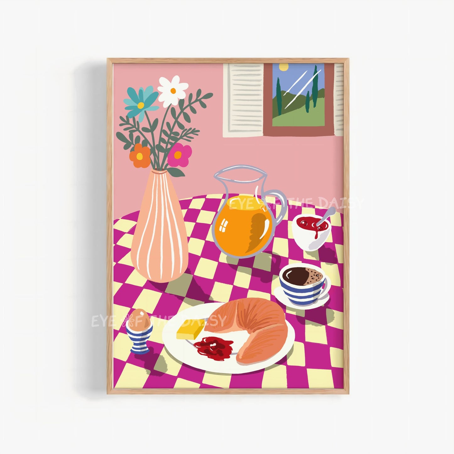 Breakfast Table Illustration Digital Print | Croissant Eggs Coffee Food Printable Wall Art