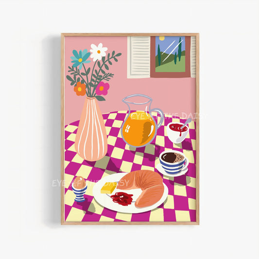 Breakfast Table Illustration Digital Print | Croissant Eggs Coffee Food Printable Wall Art