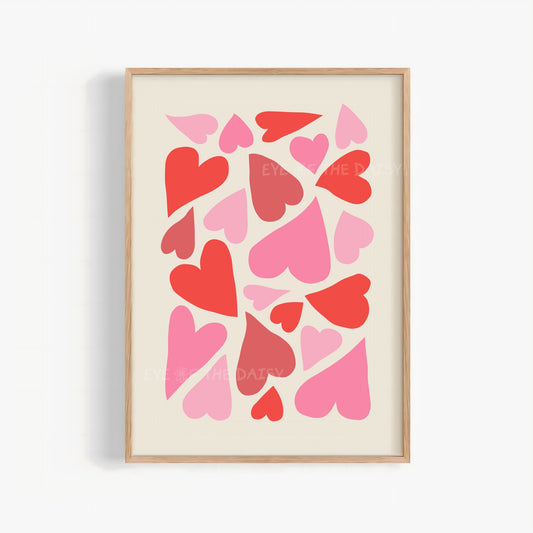 Abstract red and pink hearts printable wall art, modern funky cut-out print for romantic bedroom or living room decor