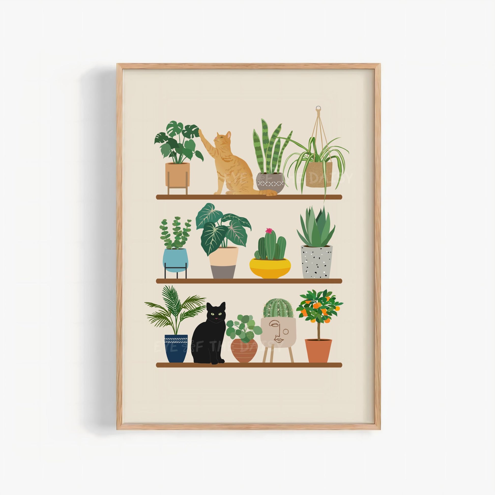 Black ginger cats and houseplants print – whimsical digital download, boho poster printable for cozy wall decor