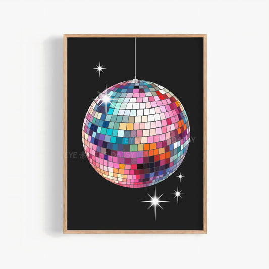 Funky colourful hand drawn multicoloured disco ball print with retro sparkles on black, trendy dorm room decor