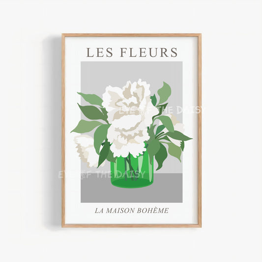 White peonies in emerald vase print, modern floral printable wall art digital download