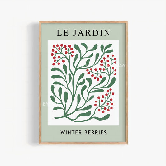 Winter Botanical Print Digital Download | Sage Green Winter Berries Printable Wall Art