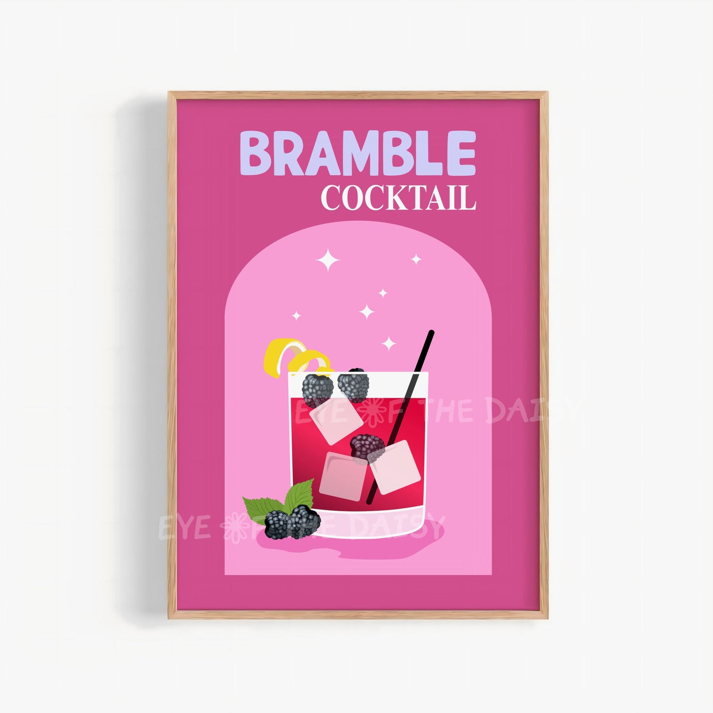 pink and purple Bramble Cocktail retro gin print digital download for bar cart decor hand drawn artwork
