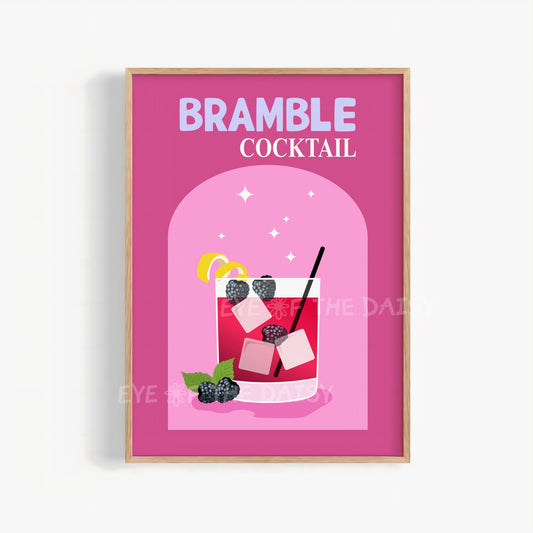 pink and purple Bramble Cocktail retro gin print digital download for bar cart decor hand drawn artwork