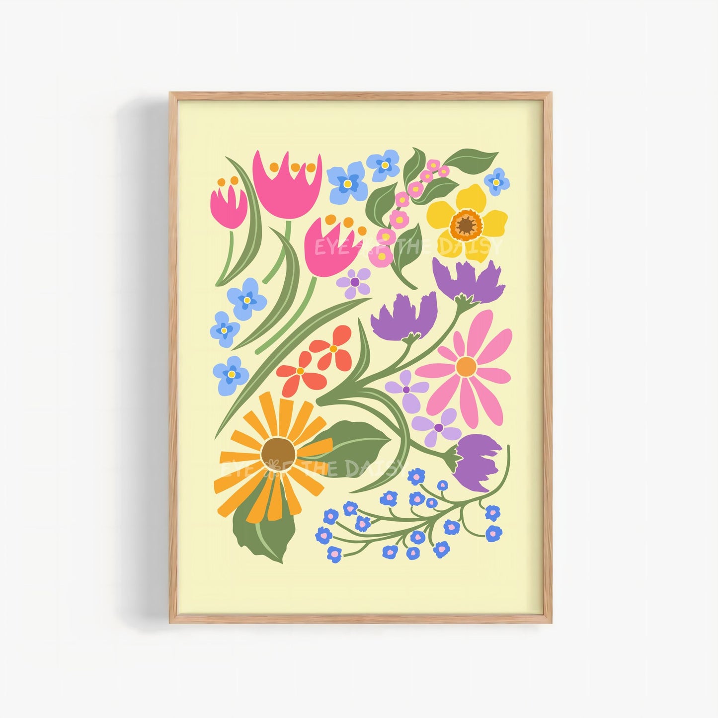 Bright colorful floral art print with pink, purple, yellow, orange and blue abstract flowers and green leaves on a pastel yellow background