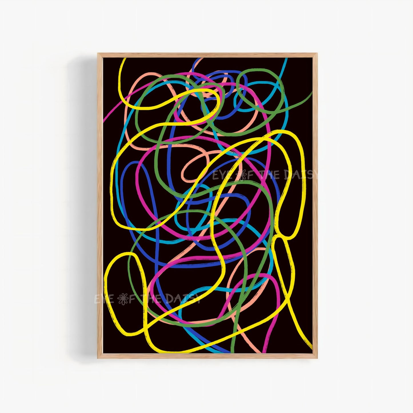 Abstract squiggle poster – colorful scribble lines on black, digital art print download, funky printable wall art for DIY home decor
