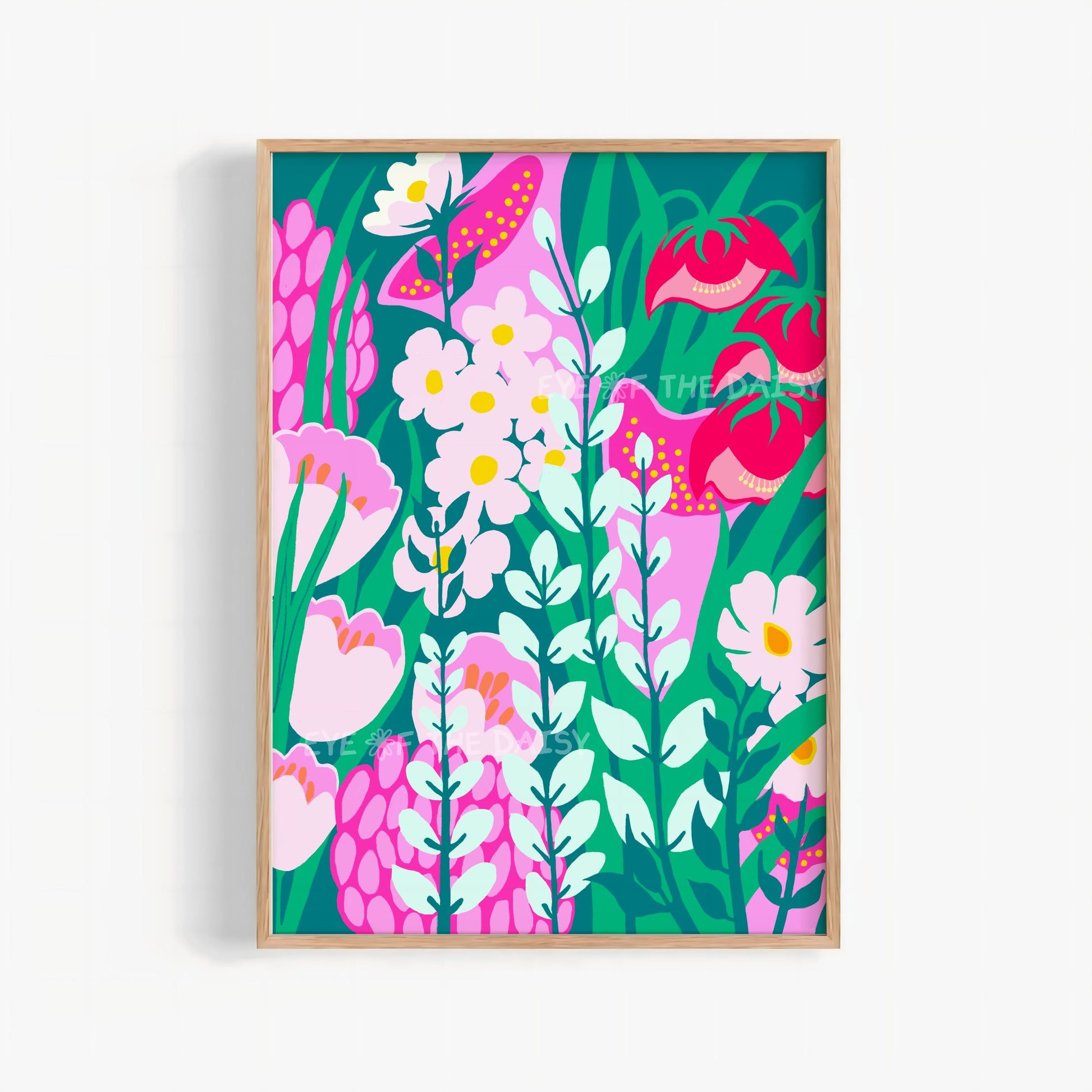 Whimsical botanical art print – abstract flower garden digital download in teal, mint, and pink, printable wall decor