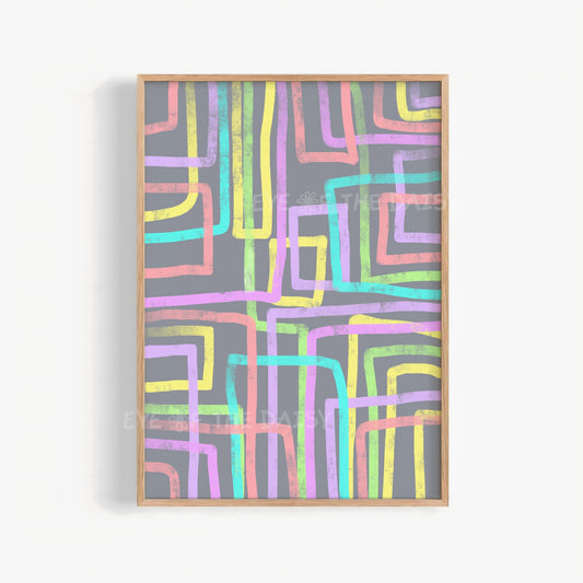 Pastel abstract line art printable wall art on grey, contemporary digital download for modern apartment