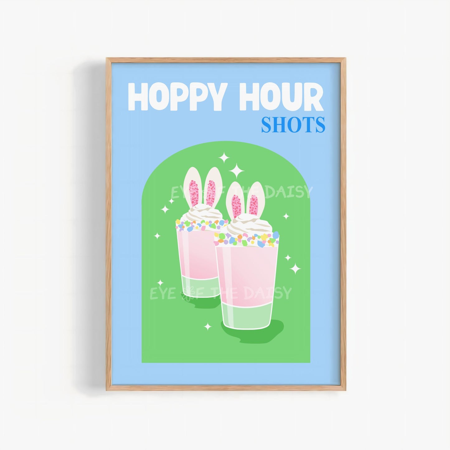Hoppy Hour Shots printable wall art, funny Easter cocktail poster for bar cart decor