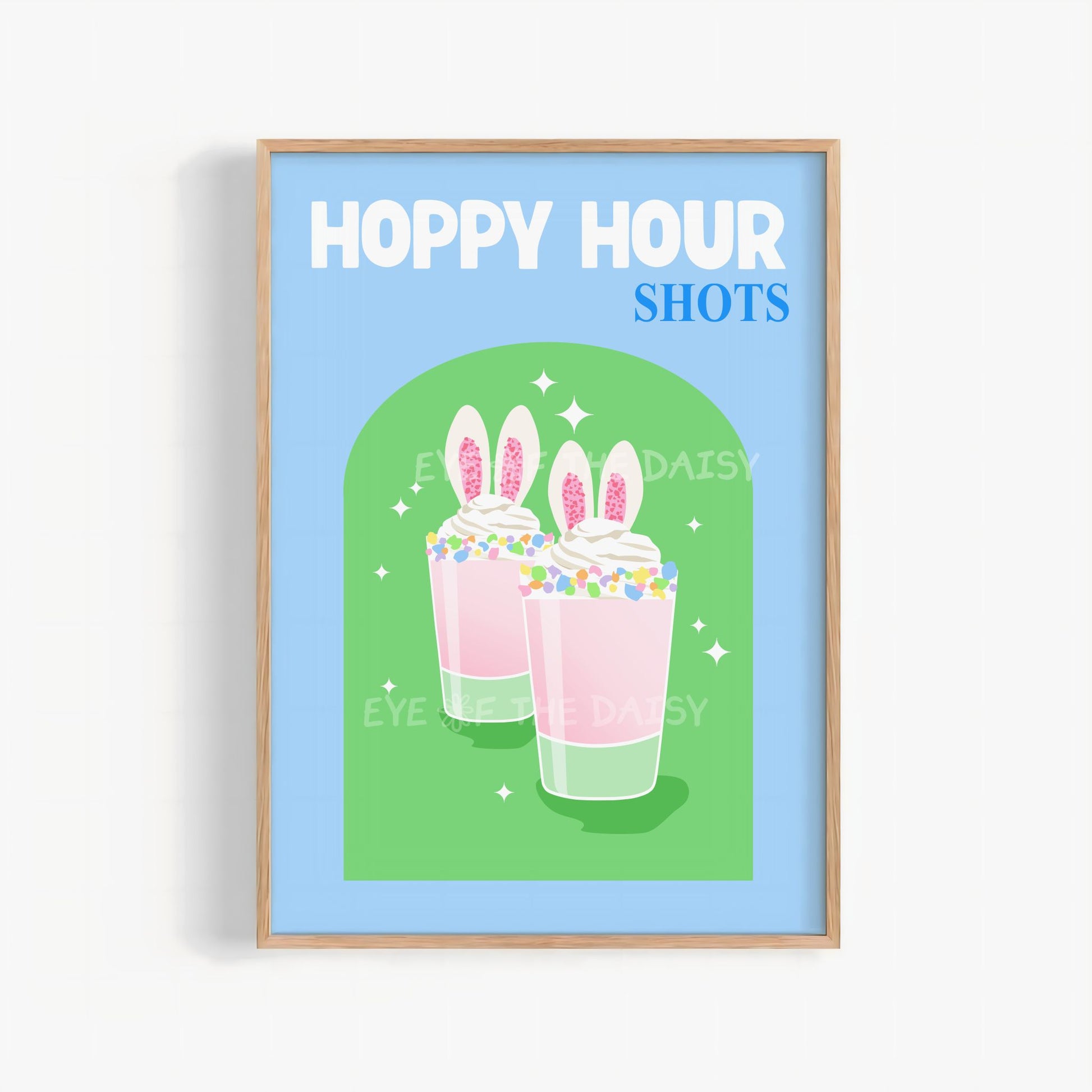 Hoppy Hour Shots printable wall art, funny Easter cocktail poster for bar cart decor