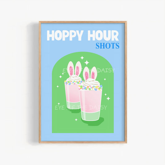 Hoppy Hour Shots printable wall art, funny Easter cocktail poster for bar cart decor