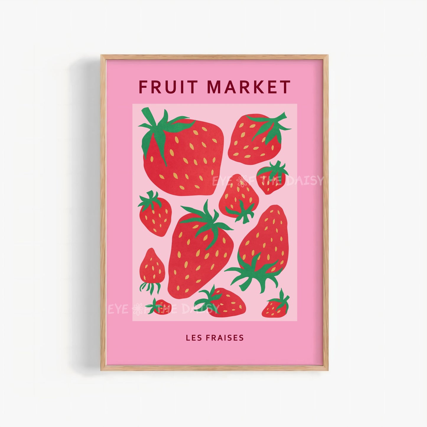 Colourful "Les Fraises" strawberry "Fruit Market" print in exhibition poster style, with abstract stylised strawberries in red and pink