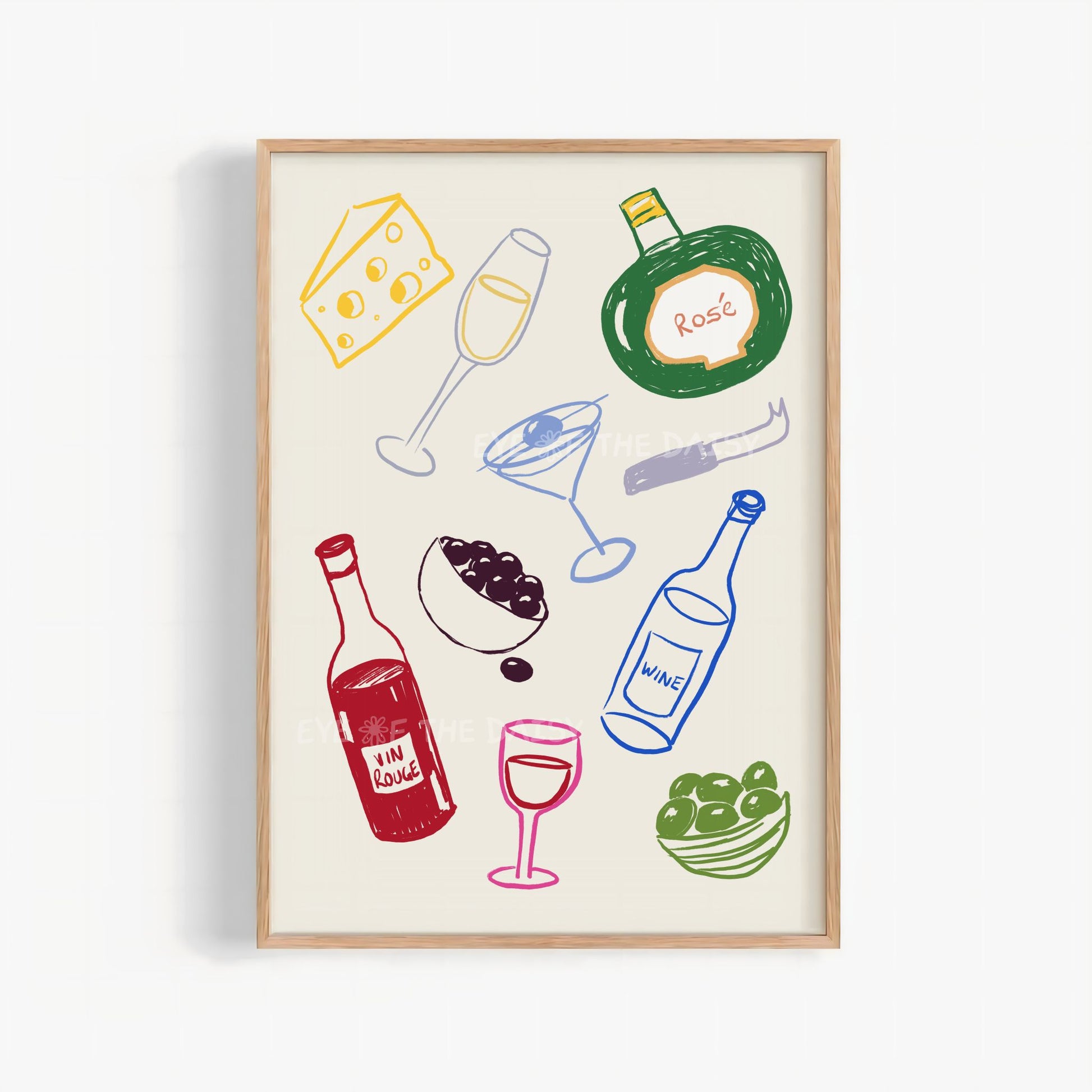 Digital art print of hand drawn colorful illustrations of wine bottles, cocktail glasses, and cheese and olives on beige