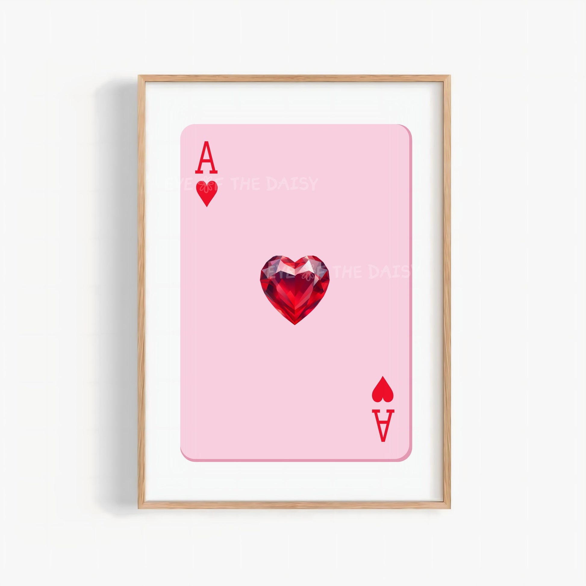 Feminine pink and red Ace of Hearts printable wall art — girly heart jewel digital download, perfect cute DIY wall decor and print at home