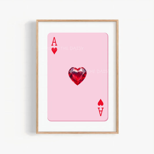 Feminine pink and red Ace of Hearts printable wall art — girly heart jewel digital download, perfect cute DIY wall decor and print at home