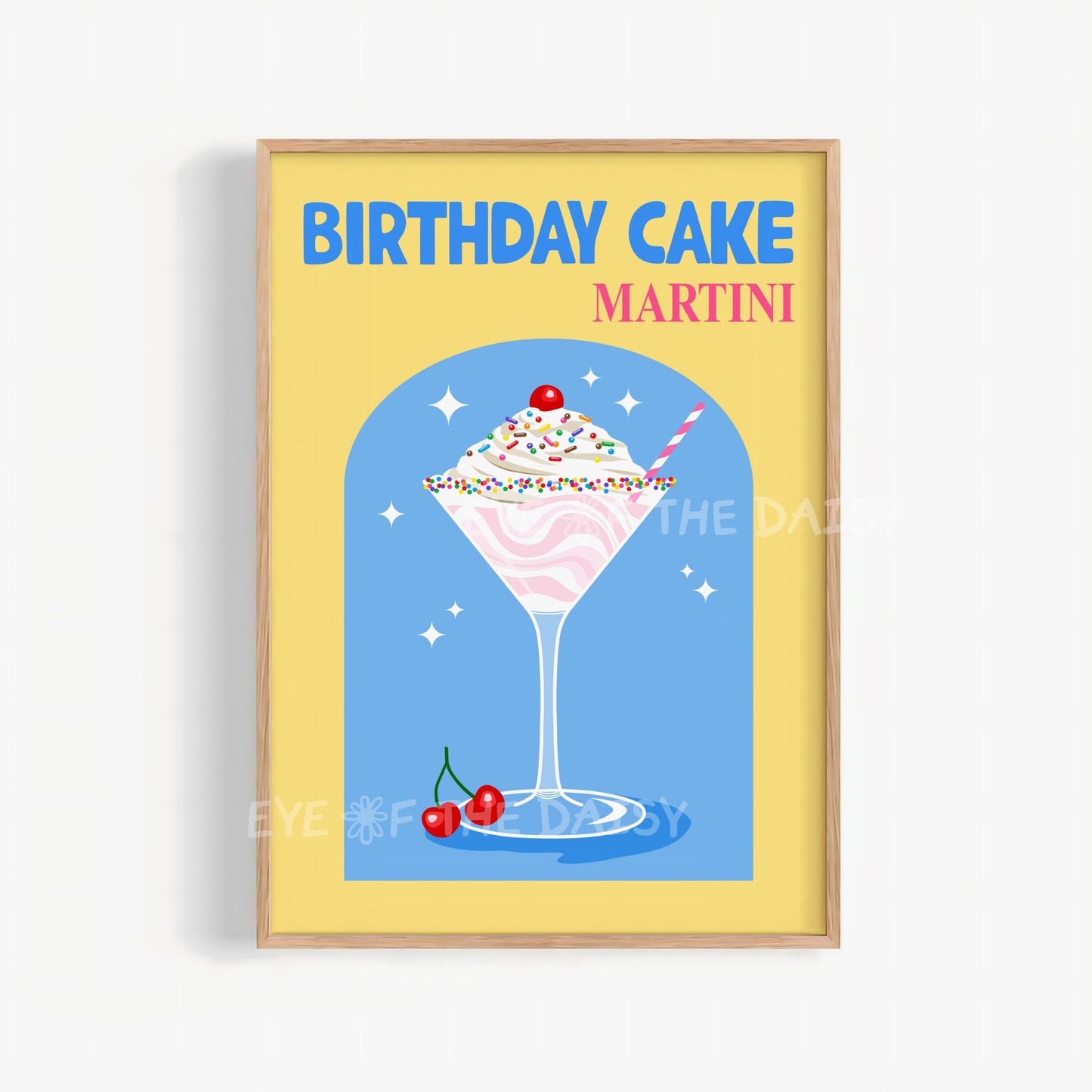 yellow and blue Birthday Cake Martini retro cocktail print digital download for bar cart decor hand drawn art no AI