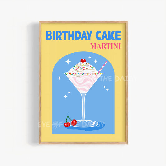 yellow and blue Birthday Cake Martini retro cocktail print digital download for bar cart decor hand drawn art no AI