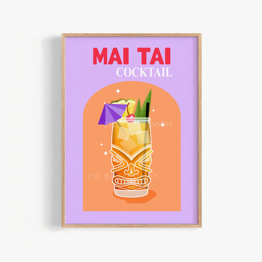 Retro Mai Tai printable wall art in vibrant purple and orange – colorful Tiki cocktail print digital download