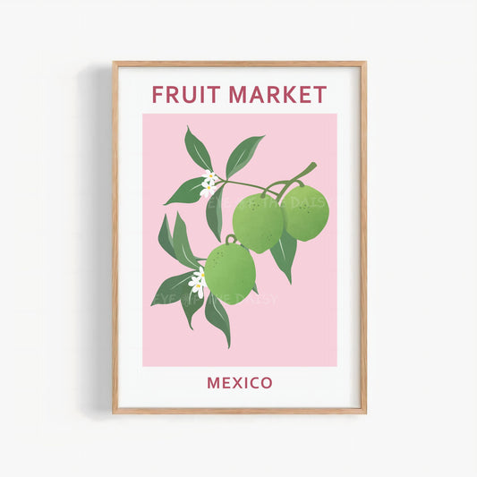 Fruit Market Mexico lime print — pastel pink abstract fruit poster digital download, great for kitchen or dopamine wall decor