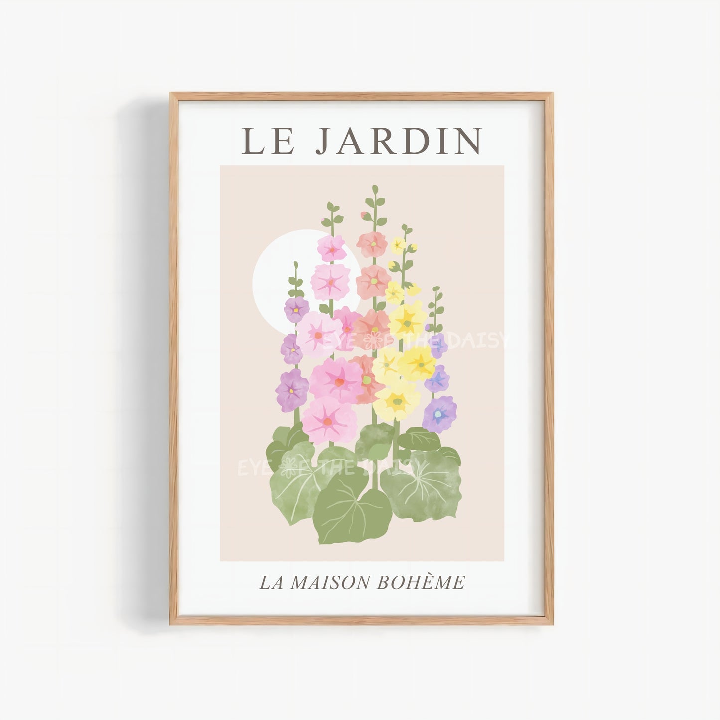 Le Jardin pastel floral poster printable — Hollyhock flower digital download, perfect DIY wall decor for modern Scand living rooms